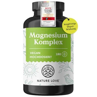 Abbildung von NATURE LOVE® Magnesium Komplex 180 Kapseln 400mg elementares je Tagesdosis Magnesiumcitrat, Magnesiumoxid, Magnesiumbisglycinat, Magnesiummalat, Magnesiumscorbat Vegan, hochdosiert