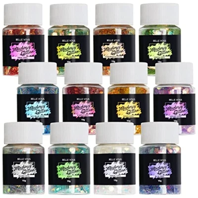 Abbildung von Belle Vous 12 Stk Holografisches Glitzerpulver Basteln Set 10g X Farben Bastelzubehör Glitzer zum Basteln, Epoxidharz Pigmente, Hochzeit, Deko, Nägel/Körper/Gesicht, DIY Slime