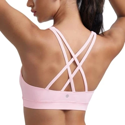 Abbildung von CRZ Yoga Damen Ohne Bügel Sport BH Gekreuzt Rücken Spaghetti Top Abnehmbare Pads Croptop Erdbeerrosa XS