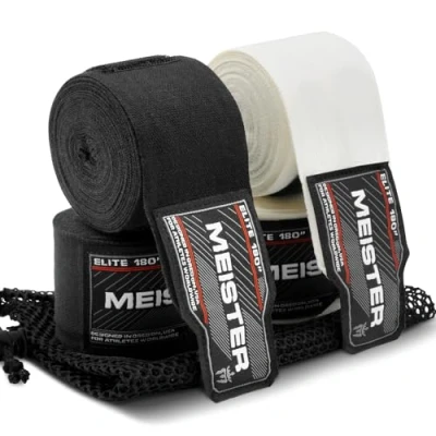 Abbildung von Meister Elite Premium Handbandagen für Erwachsene, 457,2 cm, MMA und Boxen, 2 Paar mit Netztasche, Schwarz/Vintage Elfenbein