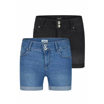 Abbildung von ONLY Jeans Shorts Damen Stretch Kurz Skinny Fit Mid Waist ONLCARMEN 2er Pack Kurze Hose Sommer Basic Denim, Größe:L, Farbe:Light Blue/Washed Black (15357005)