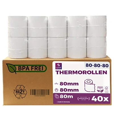 Abbildung von Thermorollen/Bonrollen/Kassenrollen 80mm x 80m 12mm (80x80x12) für alle gängigen Thermopapier Kassen Bondrucker BPA Frei (40)