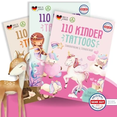 Abbildung von MeinBaby123® 330 hautfreundliche Kinder Tattoos für Jungs 3er Set Hauttattoos Mädchen Einhörner, Feen, Meerjungfrauen &amp; Tiermotive vegan in Deutschland hergestellt (3er Mädchen)