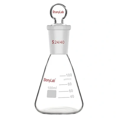 Abbildung von stonylab Glas Erlenmeyer Flasche mit Stopper, 100 ml Borosilikatglas Schwere Mauer Kolben 24/40 Standard Kegel Außenfuge und Glasstopper