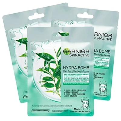 Abbildung von 3 x Garnier SkinActive Hydra Bomb Gesichtsmaske aus feuchtigkeitsspendendem und mattierendem Gewebe mit grünem Tee Hyaluronsäure