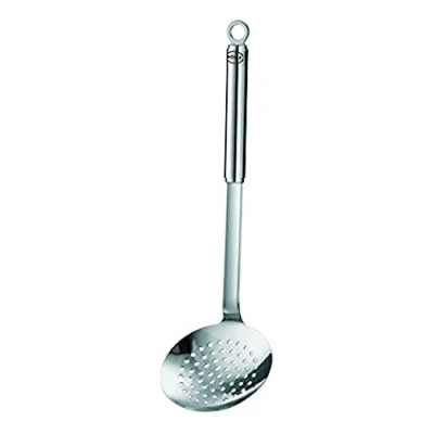 Abbildung von RÖSLE Schaumlöffel flach grob gelocht, Hochwertiger Abseihlöffel mit Rundgriff, Edelstahl 18/10, spülmaschinengeeignet, 37 x 12 8.2 cm, Silber