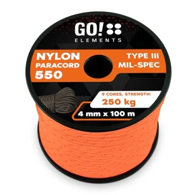 Abbildung von GO!elements 100m Paracord Seil aus reißfester Nylonschnur 4mm 550 Typ III Schnur Allzweckseil &amp; Reepschnur Max. 250kg, Farbe:Orange Reflektierend