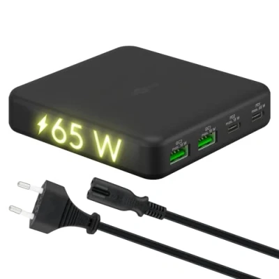 Abbildung von goobay 61772 Multiport 4 Fach USB C Ladegerät mit 65W Leistung/lädt mehrere Geräte gleichzeitig über die (Power Delivery) Anschlüsse/Tischladegerät/Netzteil C/USB Hub/Schwarz