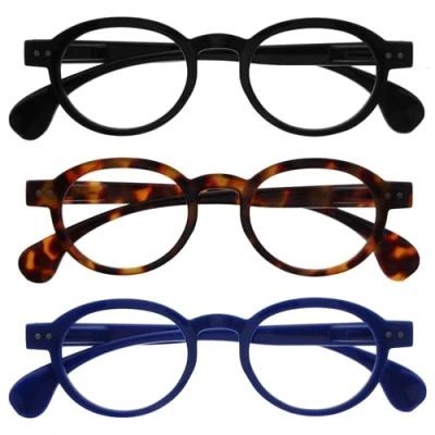 Abbildung von OPULIZE OCA Lesebrille 3er Pack Moderne Runde Retro Fassung Schwarz Braun Blau Herren Damen Federscharniere RRR54 123 +3.00