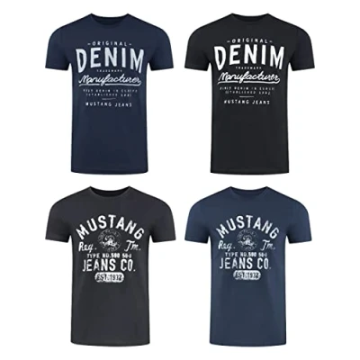 Abbildung von MUSTANG Herren T Shirt 4er Pack Frontprint O Neck Rundhalsausschnitt Kurzarm Regular Tee 100% Baumwolle Schwarz Weiß Grau Blau Grün, Größe:M, Farbe:Farbmix (P3)