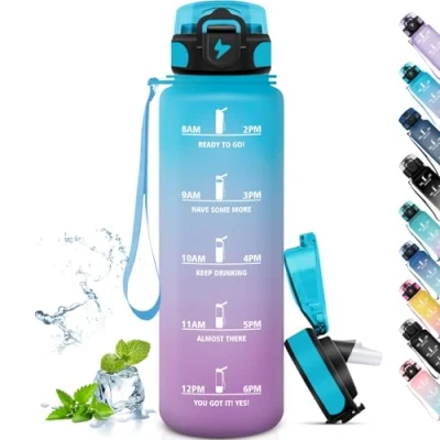 Abbildung von Grsta Trinkflasche, Trinkflasche Sport für Erwachsene, Fitnessstudio, Leicht zu Reinigen, Sporttrinkflaschen 1l Auslaufsicher mit Strohhalm, Fahrrad, Gym, Camping, Outdoor, Blau Lila