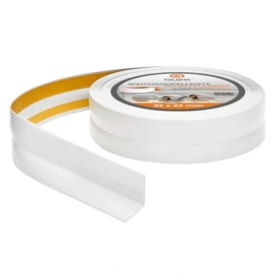 Abbildung von Quest Weichsockelleiste Selbstklebend, PVC Sockelleiste, Abschlussleiste 32 mm x 23 Flexible Knickleiste für Innenbereich, Wand, Boden Dicht, Dekorativ 25 Meter Weiß