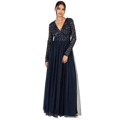 Abbildung von Maya Deluxe Damen Ladies Maxi Dress For Women With Long Sleeves V Neckline Plunging Sequin Embellished Wedding Gue Kleid, Navy, 40 EU