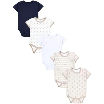 Abbildung von TupTam Jungen Baby Body Kurzarm in Unifarben 5er Pack, Farbe: Fuchs Beige Sterne Streifen Weiß Dunkelblau, Größe: 80