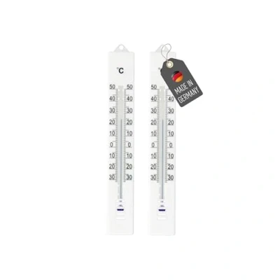 Abbildung von Lantelme 2 Stück Gartenthermometer Set Wetterfest aus Kunststoff 18cm Farbe Weiß präzise Temperaturanzeige Analog 30 bis 50C Thermometer auch für Haus, Innen, Garten und Außen (Weiss Schwarz)