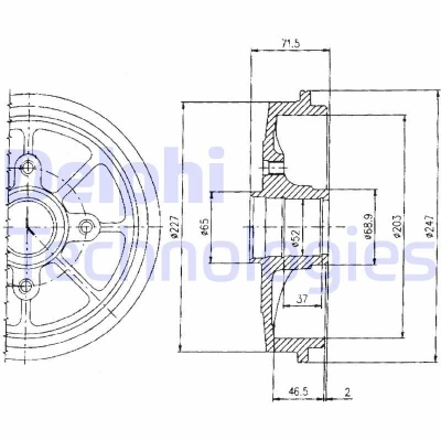 Abbildung von DELPHI BF392 Bremstrommel ohne ABS Sensorring, Radlager 247 PEUGEOT: 206 Hatchback, 206+ CITROËN: Saxo Hatchback