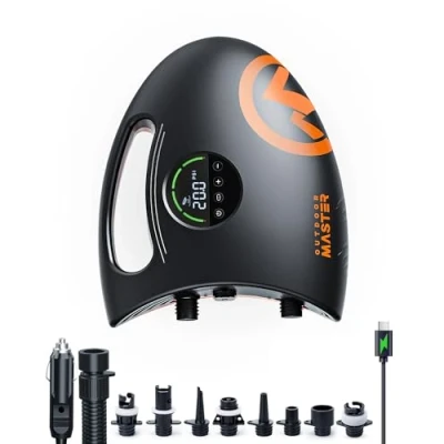 Abbildung von OutdoorMaster Shark 2S SUP Pumpe Elektrisch mit Akku 88,8Wh für 6 SUPs Aufblasen und Entleeren, 20PSI Stand Up Paddle Elektrische 12V/15,8V DC &amp; Typ C Eingang, Auto Off 8 Düsen Aufblasbare