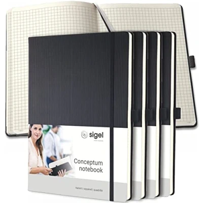 Abbildung von SIGEL CO111/5 Premium Notizbuch kariert, A4, Hardcover, schwarz, 5er Pack, Conceptum mit Seitenzahlen, Inhaltsverzeichnis, Stiftschlaufe, Falttasche