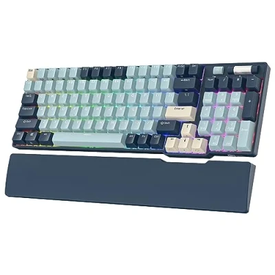 Abbildung von RK ROYAL KLUDGE RK96 RGB Limited Ed, 90% 96 Tasten Triple Mode Bluetooth 5.0/2.4G/USB C Hot Swap fähige mechanische Tastatur mit Software und massivem Akku, Yellow Switch, Wald Blau, QWERTY