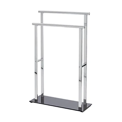 Abbildung von WENKO Handtuchbutler Lava, Handtuchständer aus glänzendem rostfreiem Edelstahl mit klaren Formen &amp; 2 stufenförmig angeordnete Aufhangstangen, schwere Bodenplatte Sicherheitsglas, 52 x 81,5 20 cm