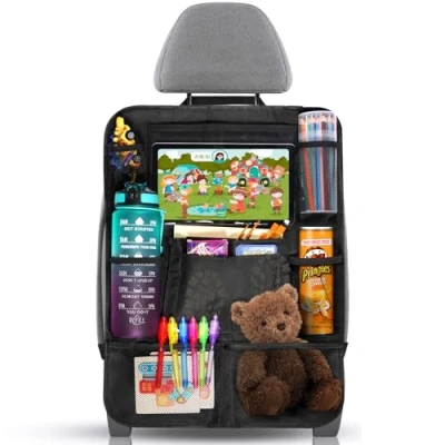 Abbildung von Diboniur Rückenlehnenschutz Auto Kinder Organizer mit 10 Taschen, Autositz für iPad Tablets unter 10,5 Zoll, Viel Stauraum（Dickere Ausführung）, Schwarz