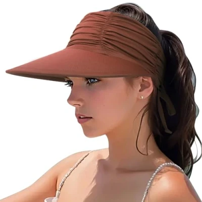 Abbildung von DRESHOW Damen Visor Sonnenhut Breite Krempe Hut Einstellbar Faltbarer Pferdeschwanz Strandhut Sommer UV Schutz Außen UPF 50+