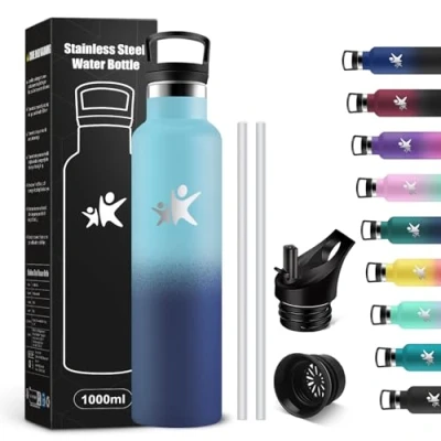Abbildung von KollyKolla Trinkflasche Edelstahl 1 Liter, mit Strohhalm, Thermoskanne Auslaufsicher, BPA Frei, Kohlensäure Geeignet, Wasserflasche für Erwachsene, Sport, Fahrrad, Reisen