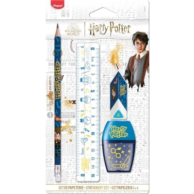 Abbildung von Maped 4 teiliges Schreibwaren Set 1 transparentes Lineal 15 cm + Anspitzer, Loch Radiergummi Bleistift HB Offizielles Harry Potter Lizenzprodukt
