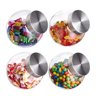 Abbildung von Relaxdays Bonbongläser, 4er Set, 1,5 l, Vorratsgläser für Süßigkeiten, Lebensmittel, Candy Bar, Edelstahl Deckel, klar, Silber Transparent
