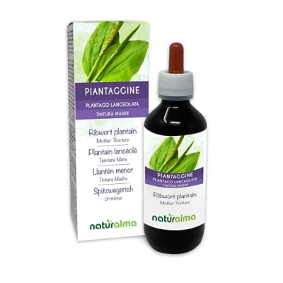 Abbildung von Spitzwegerich oder Lungenblattl (Plantago lanceolata) Blätter Alkoholfreier Urtinktur Naturalma Flüssig Extrakt Tropfen 200 ml Nahrungsergänzungsmittel Veganer