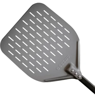 Abbildung von AMZBBQ® Premium Pizzaschieber 40 x 76 cm Perforierte Pizzaschaufel aus Harteloxiertem Aluminium zum Leichten Gleiten auf Pizzastein Grill Zubehör Geschenk für Männer
