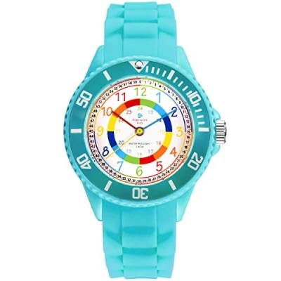 Abbildung von Alienwork Kids Lernuhr Kinderuhr Mädchen Uhrzeit Lernen Türkis Silikon Armband Mehrfarbig Kinder Uhr Wasserdicht 5 ATM Zeit