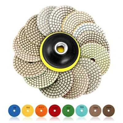 Abbildung von SPTA 15pcs Diamant nass Polierscheiben Set, 4 Zoll Pads für Granit Stein Beton Marmor Bodenschleifer oder Polierer, 50# 6000# mit Haken &amp; Loop Backing Halter Disc