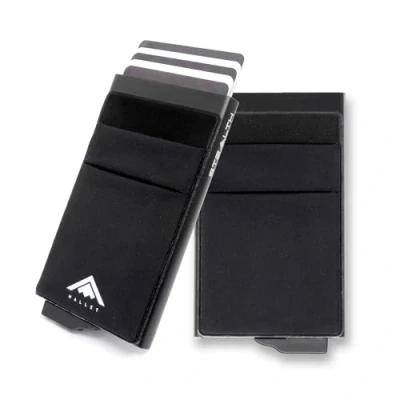 Abbildung von Stealth Wallet Minimalistische Schlanke Leichte Pop Up Kartenhalter Kontaktlos Geschützte Sichere Smart Card Halter Geldbörsen (Schwarz mit Elastischen Taschen)