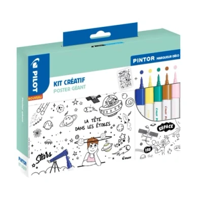 Abbildung von Pilot PINTOR Kreativ Set Deko Marker 1 Riesen Poster + 5 mit feiner Spitze, Dunkelblau/Gelb/Grün/Braun/Rosa