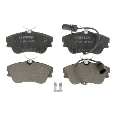Abbildung von BOSCH 0 986 424 672 Bremsbelagsatz Low Metallic mit integriertem Verschleißsensor Anti Quietsch Blech, Schrauben Zubehör