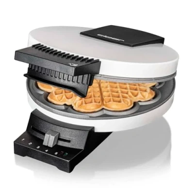 Abbildung von Cloer 181 Waffeleisen für eine Herzwaffel, 930 W, Waffelgröße 16 cm, schwere Backplatten, optische und akustische Fertigmeldung, Metall, weiß