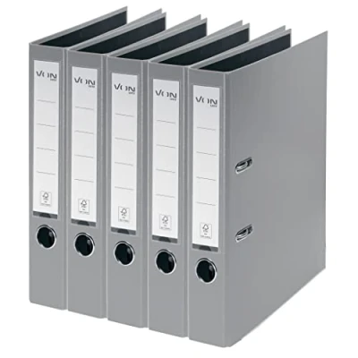 Abbildung von VON Leitz 5er Pack Ordner A4, Karton mit Kunststoffeinband, 50 mm Rückenbreite, Für 350 Blatt, FSC zertifizierter Karton, Schule, Studium &amp; Haushalt, Grau, 10561085