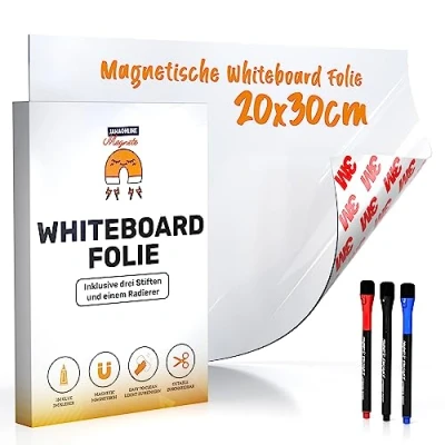 Abbildung von Whiteboard Folie 20x30cm 3M Magnetfolie selbstklebend Magnetische Tafelfolie abwischbar Praktische Ferrofolie Weiß Whiteboardfolie inkl. 3 Marker mit Schwamm
