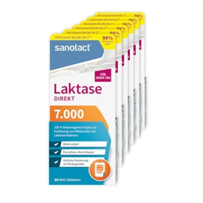 Abbildung von sanotact Laktase 7.000 DIREKT (6 x 90 Mini Laktasetabletten) Laktose Tabletten für jeden Tag Bei Laktoseintoleranz, &amp; Milchunverträglichkeit Schnelle Einnahme ohne Wasser