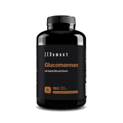 Abbildung von Glucomannan aus Konjak Wurzel 180 Kapseln, 3360 mg pro Tagesdosis, mit Nicotinamid und Chrom Hochdosiert 95% Kapsel Laborgeprüft, Vegan, ohne unerwünschte Zusätze Zenement