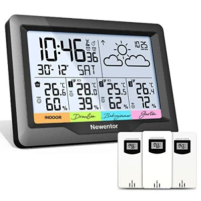 Abbildung von Newentor Wetterstation Funk mit 3 Außensensor Innen und Außen Thermometer Hygrometer DCF Funkuhr Multifunktionale Funkwetterstation Wettervorhersage