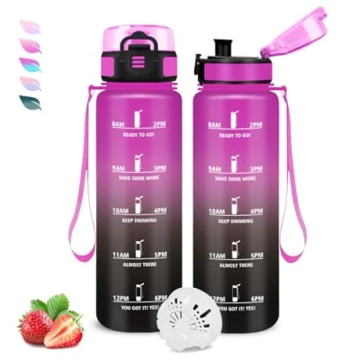 Abbildung von Trinkflasche 1l Wasserflasche Sport, Auslaufsicher, Leicht zu Tragen und Reinigen, mit Zeitmarkierung Uhrzeit, für Camping, Running, Fitness, Gym, Büro, Outdoor