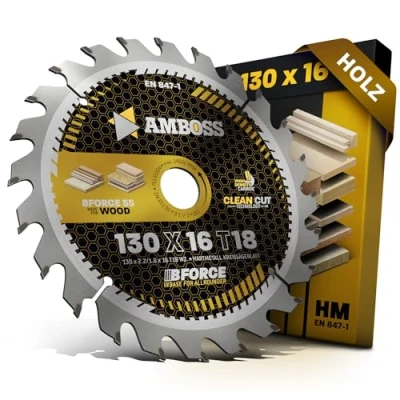 Abbildung von HM Kreissägeblatt 130x16 Z18 Wechselzahn für Holz Zuschnitt. AMBOSS WERKZEUGE® Sägeblatt 130mm komp. zu Bosch PKS 14.4 V. 38. 40. 40 S und 43 SKIL 5140. 5240 5740 uvm.