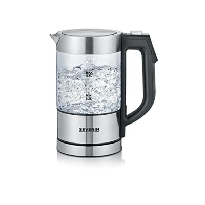 Abbildung von SEVERIN Digitaler Mini Glas Wasserkocher, kompakter Wasserkocher mit Temperaturauswahl, elektrischer Kalkfilter, / Edelstahl gebürstet schwarz, WK 3458