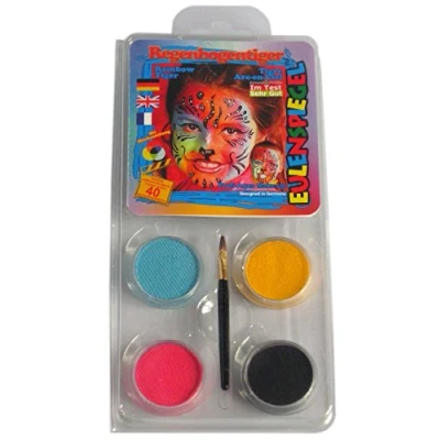 Abbildung von Eulenspiegel 204566 Motiv Set Regenbogentiger, 4 Farben, 1 Pinsel, Anleitung, für ca. 40 Masken, Schminkfarben, Karneval, Mottoparty