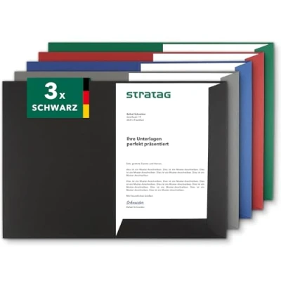 Abbildung von Präsentationsmappe A4 in Schwarz (3 Stück) sehr stabiler 350 g/m² Naturkarton direkt vom Hersteller STRATAG vielseitig einsetzbar für Ihre Angebote, Exposés, Projekte oder Geschäftsberichte