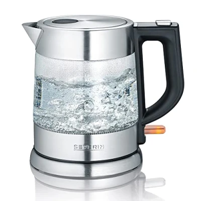 Abbildung von SEVERIN Glas Wasserkocher, 1.0L, leistungsstarker und kompakter Wasserkocher in hochwertigem Design, elektrischer mit Kalkfilter, Edelstahl/schwarz, WK 3468