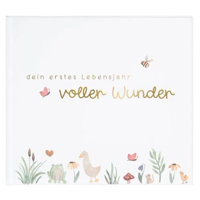 Abbildung von goldbuch 513 Babytagebuch Voller Wunder Wiese Weiß, Erinnerungsalbum mit 100 illustrierten Seiten, Einband Goldprägung und einem Wiesen Motiv, Erinnerungsalbum, Babyalbum ca. 24,5 x 22,5 3,5 cm