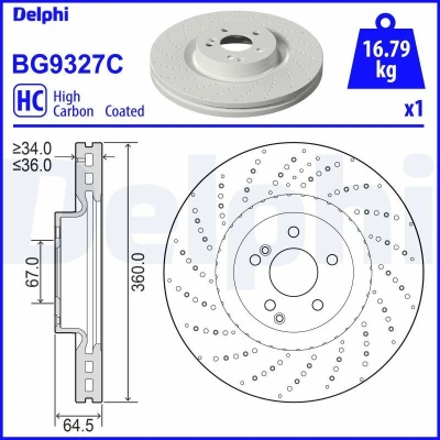 Abbildung von DELPHI BG9327C Bremsscheibe 360 36 5 Belüftet, gelocht beschichtet hochgekohlt ohne Radlager, ABS Sensorring MERCEDES BENZ: E Class Coupe